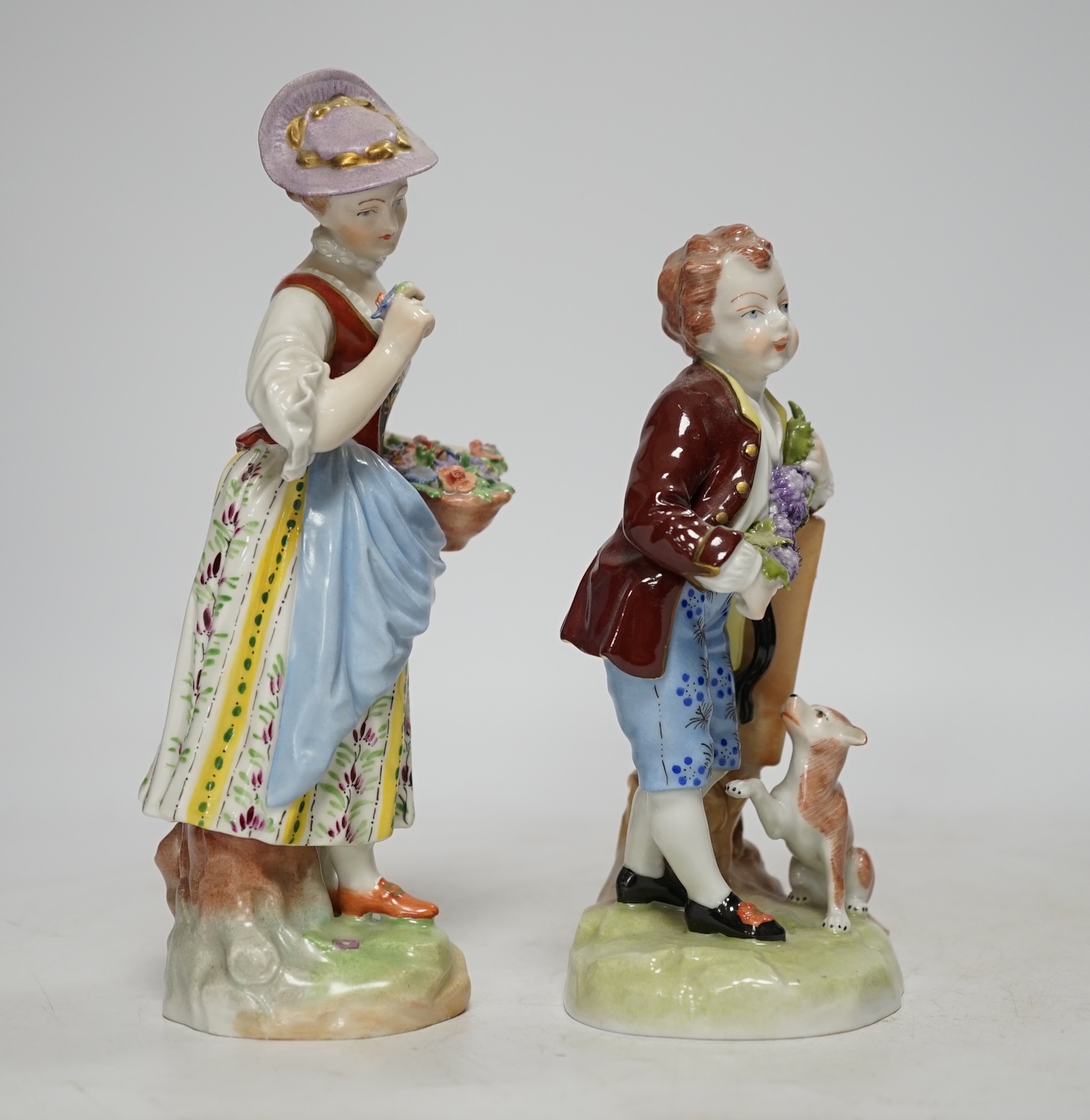 Two Dresden porcelain figures, tallest 19cm. Condition - fair to good